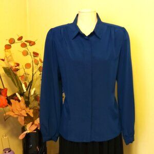 VTG Exquisite Pleated Blouse Blue Long Sleeve Shirt Women’s Top Size 16